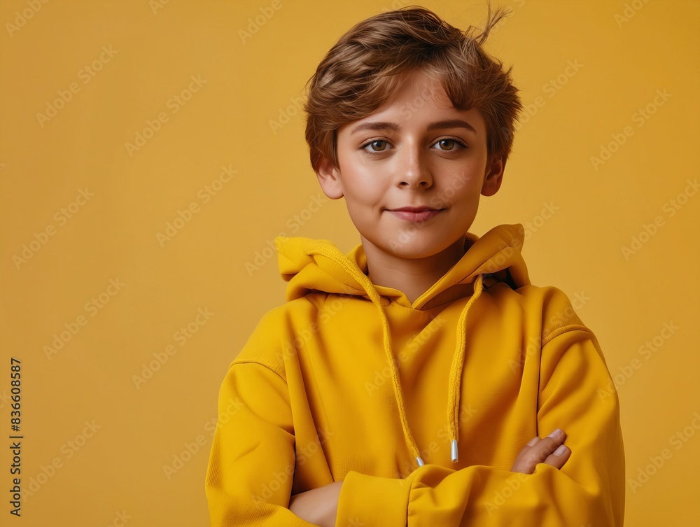 A boy in a yellow hoodie posing with his arms crossed. A boy in a yellow hoodie posing with his arms crossed.