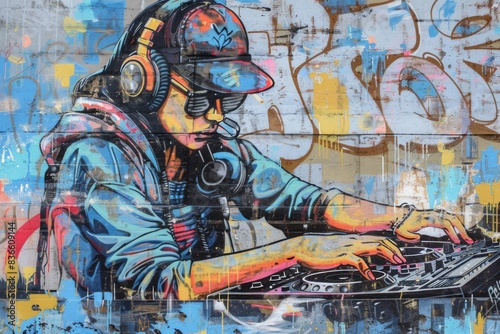 Graffiti of a dj playing music on a turntable