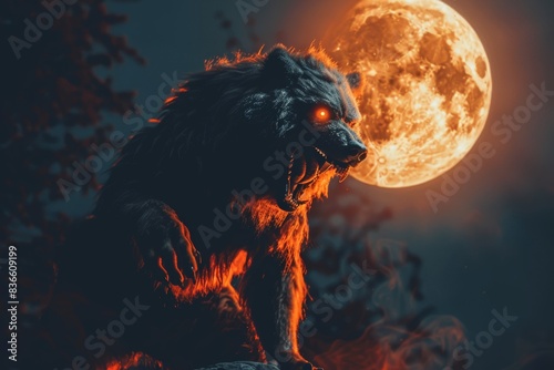 Intense Werewolf Transformation in Forest Clearing Under Full Moon.