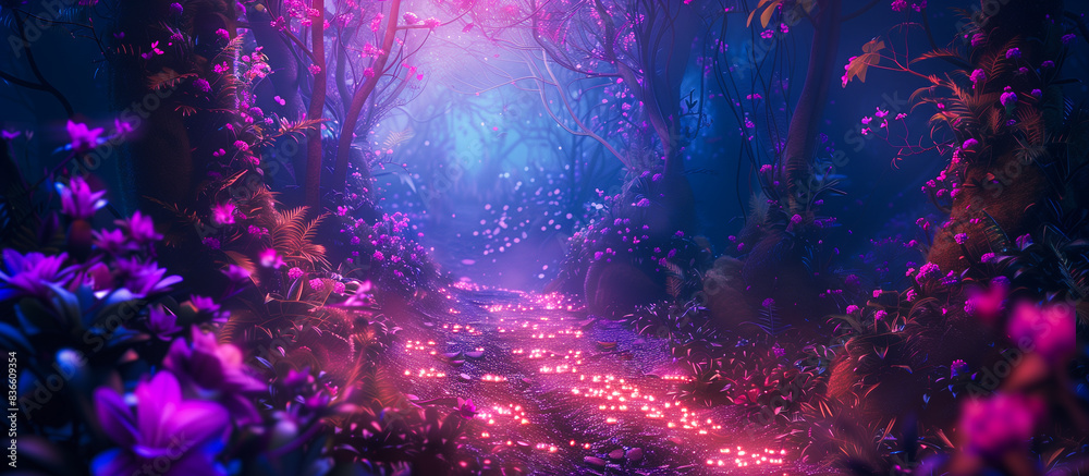 Neon fairy tale forest with luminous flowers, fantasy nigt wonderland Neon fairy tale forest with luminous flowers, fantasy nigt wonderland