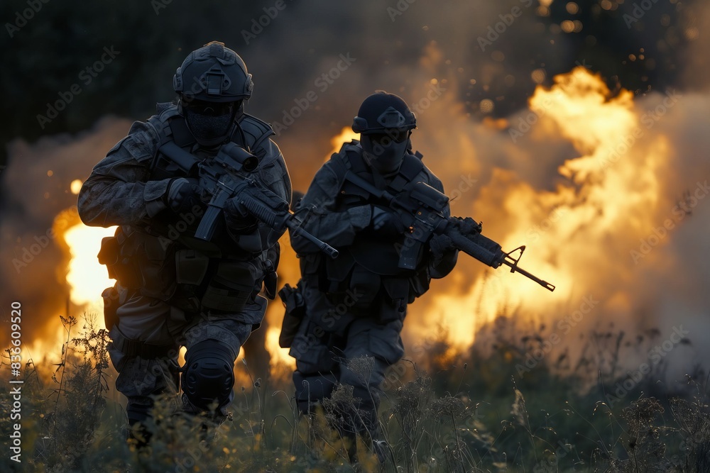 Two soldiers running through a field with fire behind them. Two soldiers running through a field with fire behind them.