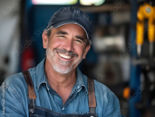 A smiling mechanic in overalls and a cap.