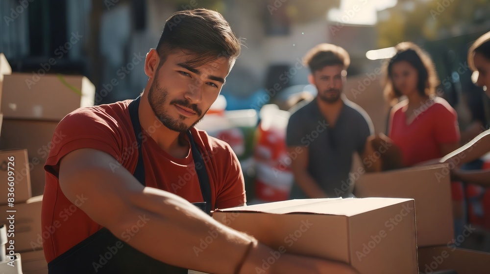 A man is holding boxes while others are standing around him. A man is holding boxes while others are standing around him.