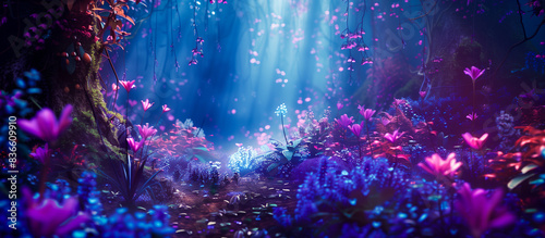 Neon fairy tale forest with luminous flowers, fantasy nigt wonderland 