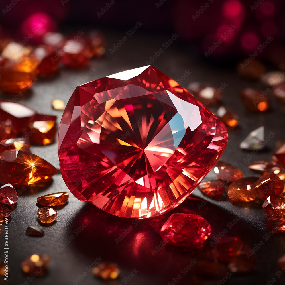 Majestic view of a red beryl gemstone radiating with a kaleidoscope of lights and colors Majestic view of a red beryl gemstone radiating with a kaleidoscope of lights and colors