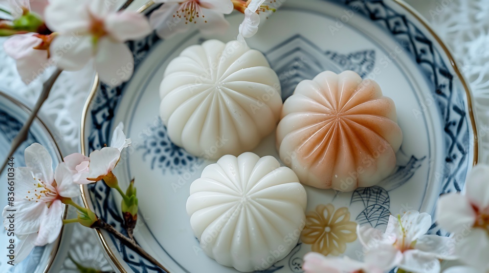 Fototapeta premium A top view of hanabira mochi, with its delicate and artistic design, showcasing the smooth, soft texture and the fine details of this traditional Japanese confection