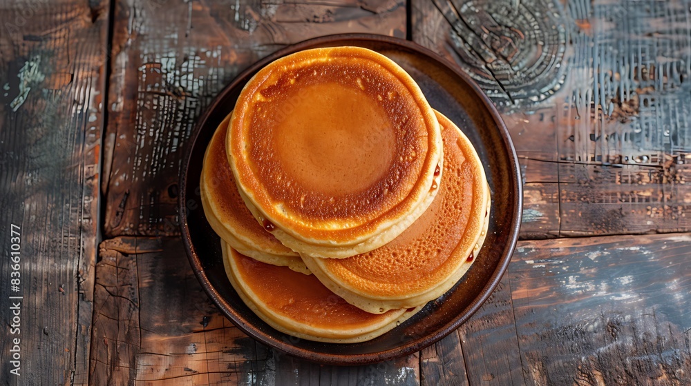 A top view of freshly made dorayaki, with its golden-brown, fluffy pancake exterior and the rich, sweet red bean paste visible from the edges, showcasing the harmony of textures and flavors A top view of freshly made dorayaki, with its golden-brown, fluffy pancake exterior and the rich, sweet red bean paste visible from the edges, showcasing the harmony of textures and flavors