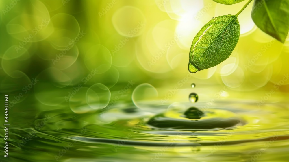 Macro Water Droplet Suspended on Green Leaf, Symbolizing Purity and Natural Cycle. Macro Water Droplet Suspended on Green Leaf, Symbolizing Purity and Natural Cycle.