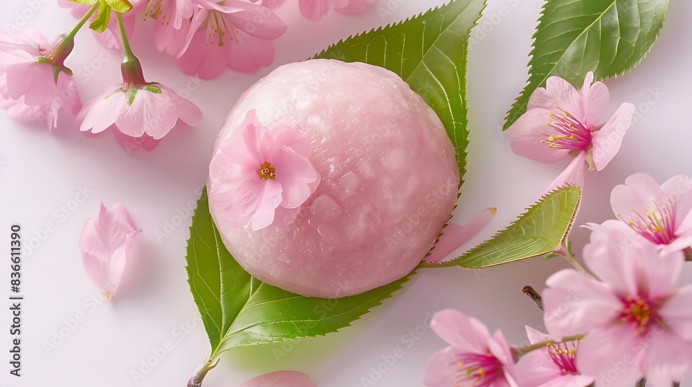 A top view of a traditional sakura mochi, with the delicate pink mochi beautifully wrapped in a vibrant green cherry blossom leaf, emphasizing the intricate details and the smooth, soft texture of