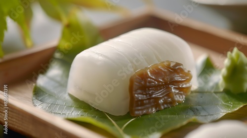 An up-close view of a meticulously crafted kashiwa mochi, with its smooth, white mochi enveloping sweet bean paste, wrapped in a vibrant green oak leaf, highlighting the traditional elements and the photo