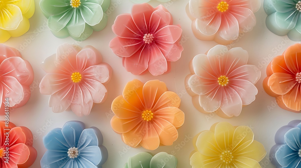 A top view of handcrafted namagashi, shaped like delicate flowers with vibrant colors and intricate petal details, emphasizing the smooth, soft texture and the artistic craftsmanship involved in A top view of handcrafted namagashi, shaped like delicate flowers with vibrant colors and intricate petal details, emphasizing the smooth, soft texture and the artistic craftsmanship involved in