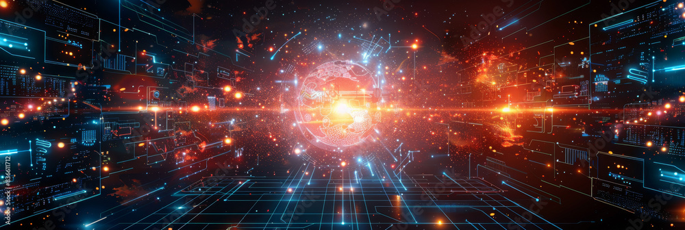 Digital background for tech, AI, neural networks, data, audio, graphics