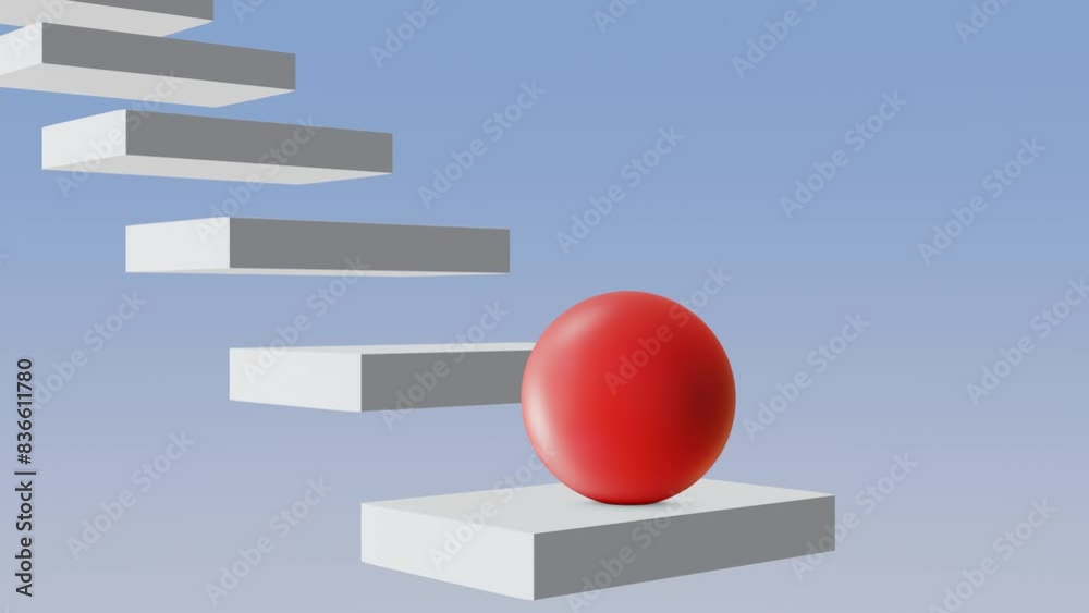 Loopable red ball bouncing down infinite stairs, blue, white, 3D render Animation