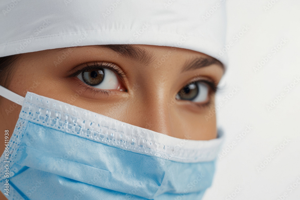 Close-up of pretty Asian clinic assistant in blue mask looking at camera on white background Close-up of pretty Asian clinic assistant in blue mask looking at camera on white background