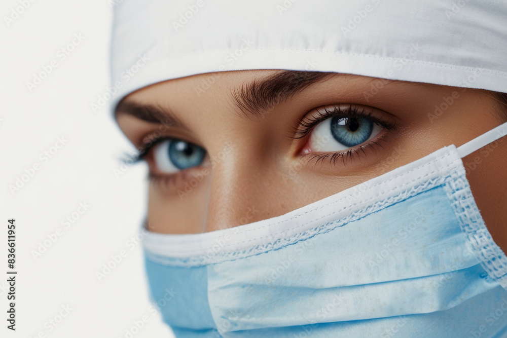 Face of pretty Caucasian clinic assistant in blue mask looking at camera on white background Face of pretty Caucasian clinic assistant in blue mask looking at camera on white background