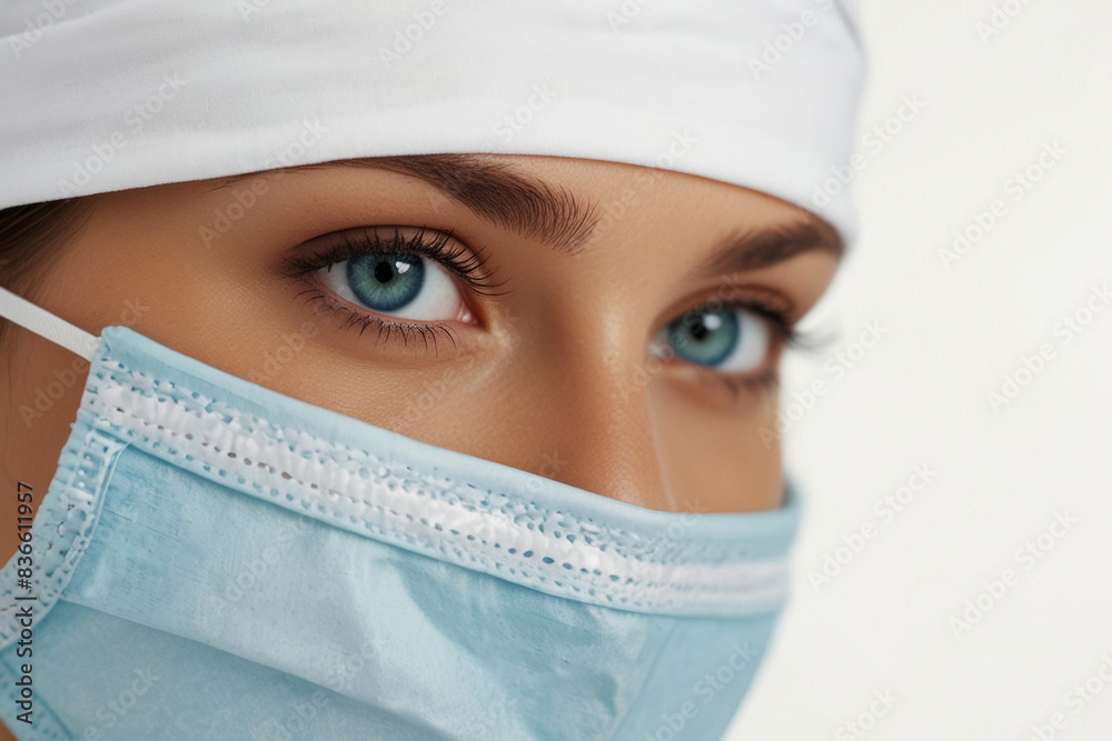 Close-up of pretty European clinic assistant in blue mask looking at camera on white background Close-up of pretty European clinic assistant in blue mask looking at camera on white background