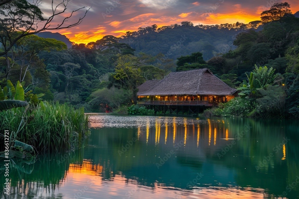 Fototapeta premium Luxurious Eco-Friendly Resort Overlooking Clear Freshwater Lake at Sunrise.