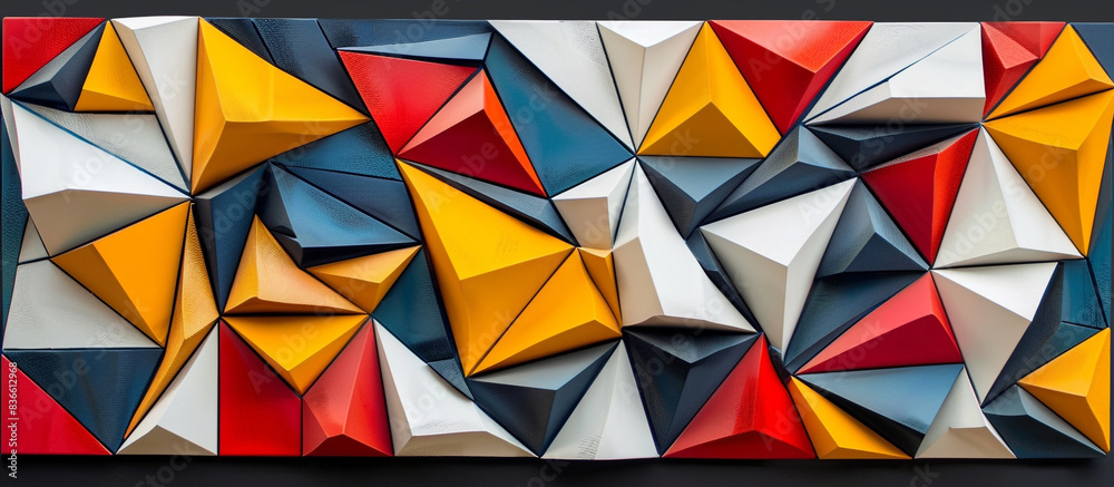 A modern 3D wall art piece featuring a mosaic of interlocking triangles in bold, contrasting colors, creating a dynamic decor element. A modern 3D wall art piece featuring a mosaic of interlocking triangles in bold, contrasting colors, creating a dynamic decor element.
