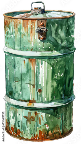 A weathered, green metal drum with rust spots and a closed lid. photo