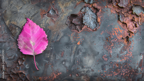 One pink fallen leaf on dark background. Copy space, space for text, Generative AI.暗い背景にピンク色の落ち葉が一枚。コピースペース,テキスト用スペース,Generative AI。