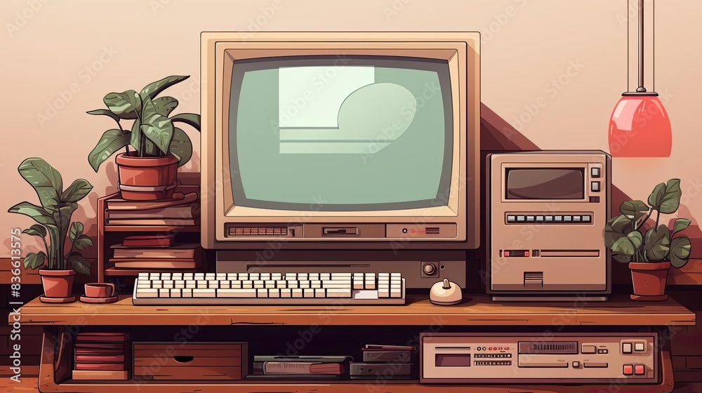 Vintage computer setup with a retro monitor, keyboard, floppy disk drive, and plants, evoking nostalgia and a classic tech vibe.