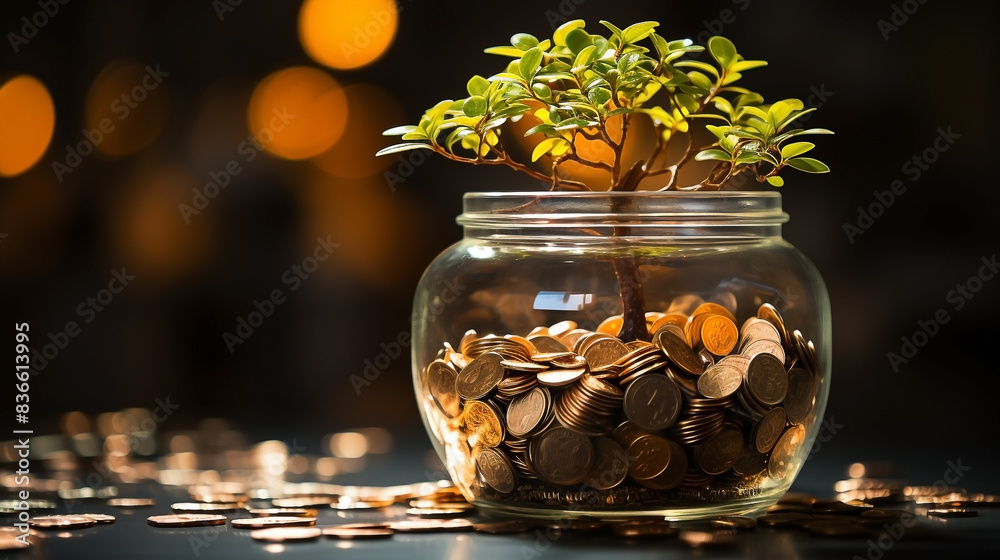 Plant growing Coins in glass jar with investment financial concept and green nature sunlight Plant growing Coins in glass jar with investment financial concept and green nature sunlight