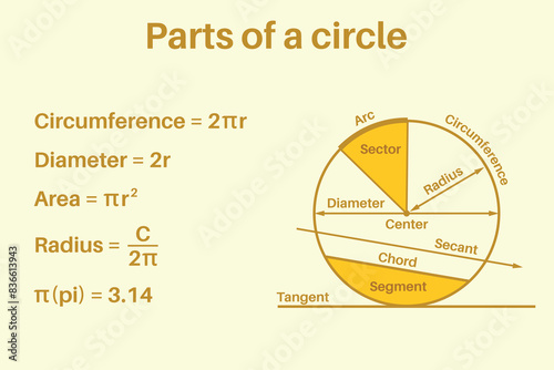 Parts of a circle. Education. Science. School. Vector illustration.