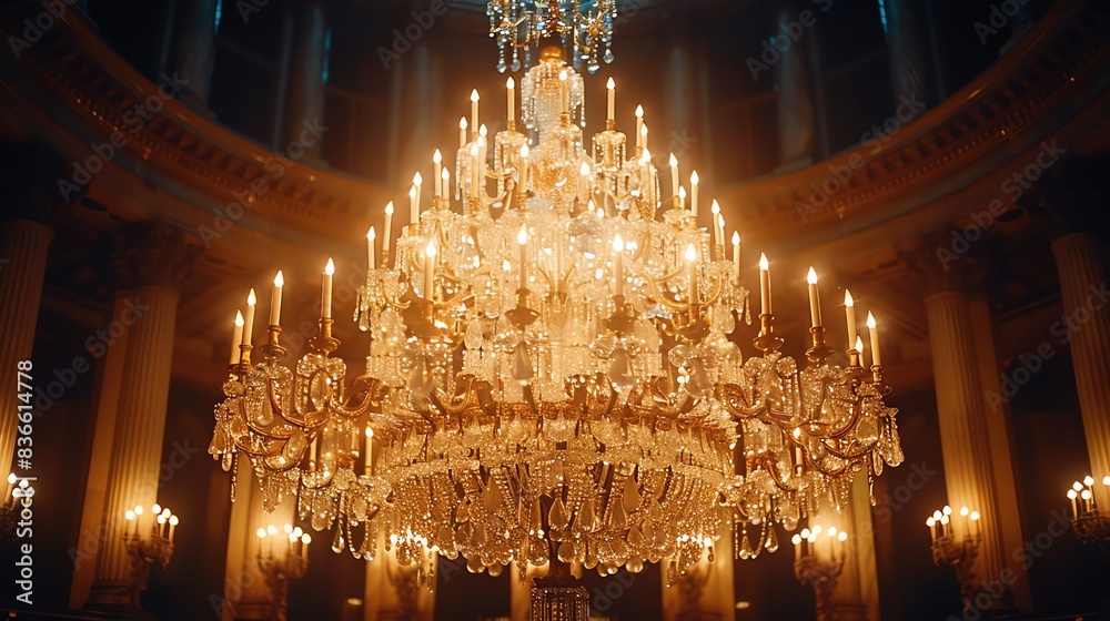 Obraz premium A grand crystal chandelier hangs in a grand room, illuminating the space with its shimmering brilliance.