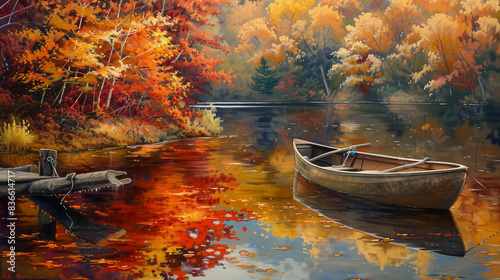 Illustrate an autumn landscape where a calm river reflects the brilliant colors of fall foliage. The trees along the riverbank are ablaze with oranges, reds, and yellows. A small wooden rowboat tied t