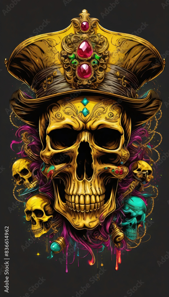 A skull with a crown and a bunch of skulls surrounding it.