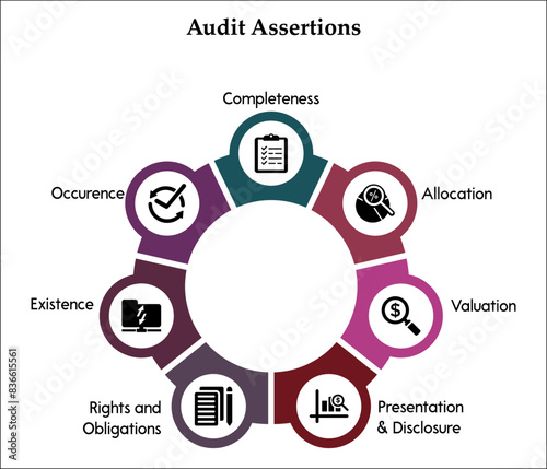 Seven Audit Assertions - Completeness, Allocation, Valuation, Presentation & Disclosure, Rights and Obligations, Existence, Occurrence. Infographic template with icons and description placeholder