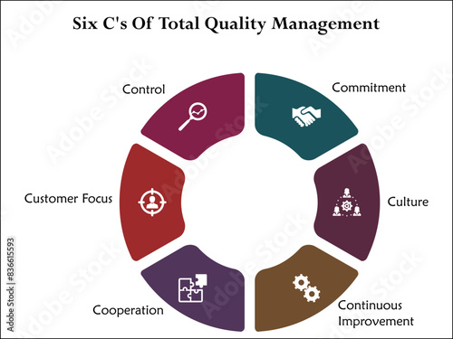 Six C's Of Total Quality Management - Commitments, Culture, Continuous Improvement, Cooperation, Customer focus, Control. Infographic template with icons and description placeholder