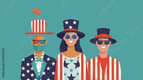 A 2D flat style illustration of characters wearing patriotic clothing, such as star-spangled shirts and flag-themed hats. The minimalist design highlights the festive attire and pride in celebrating photo