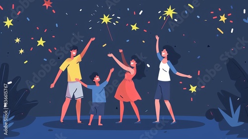 A flat design illustration of a family celebrating USA independence with sparklers. The minimalist scene captures the excitement and patriotic spirit as they light up the night.