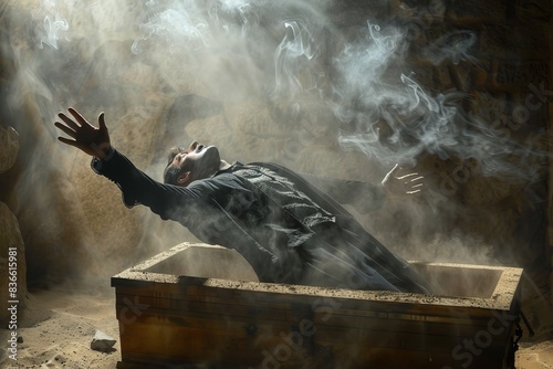 Vampire Rising Dramatically from Coffin in Dusty Crypt. photo