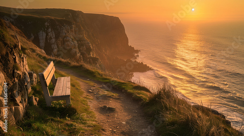 Capture the tranquil beauty of a coastal cliff at golden hour. The setting sun bathes the scene in a warm, golden light, highlighting the rugged textures of the cliff and the gentle waves below. A nar photo