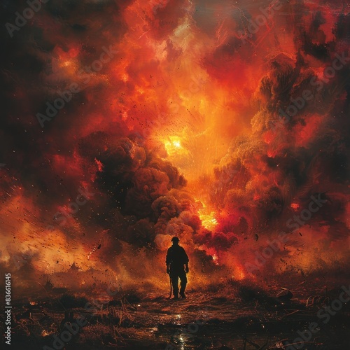 A firefighter stands in front of a building engulfed in flames, surrounded by smoke from the flames. The scene is filled with intense colors like red, orange, creating a dramatic atmosphere. © ers
