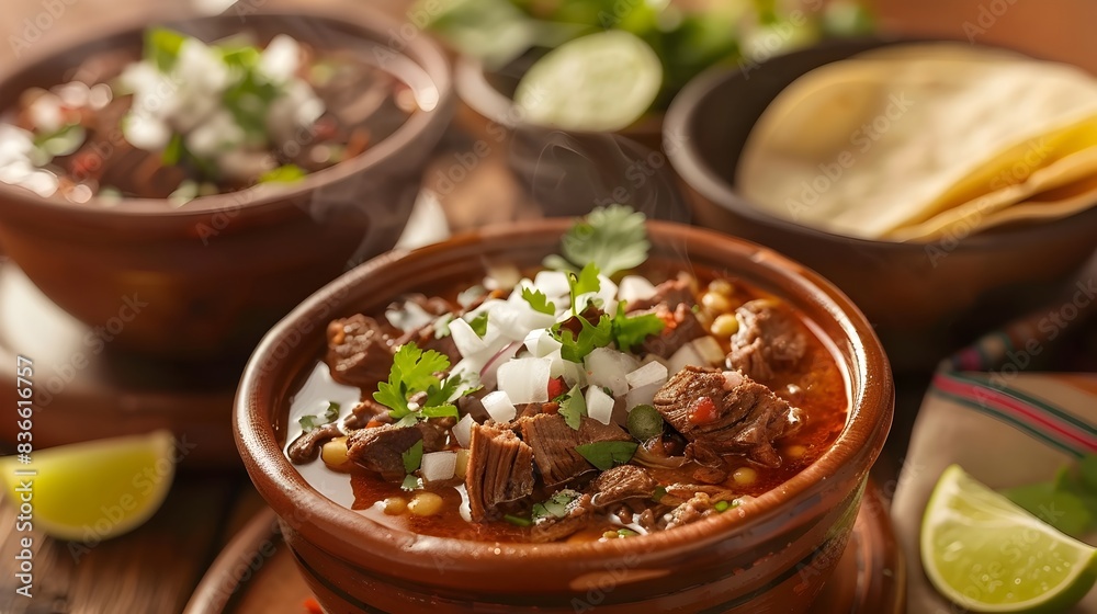 Steaming Bowls of Hearty Menudo Stew with Vibrant Garnishes and Warm Tortillas Steaming Bowls of Hearty Menudo Stew with Vibrant Garnishes and Warm Tortillas