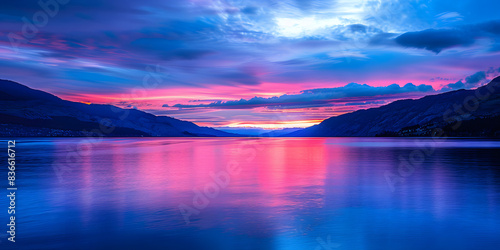 Pôr do sol vibrante sobre um lago de montanha sereno photo