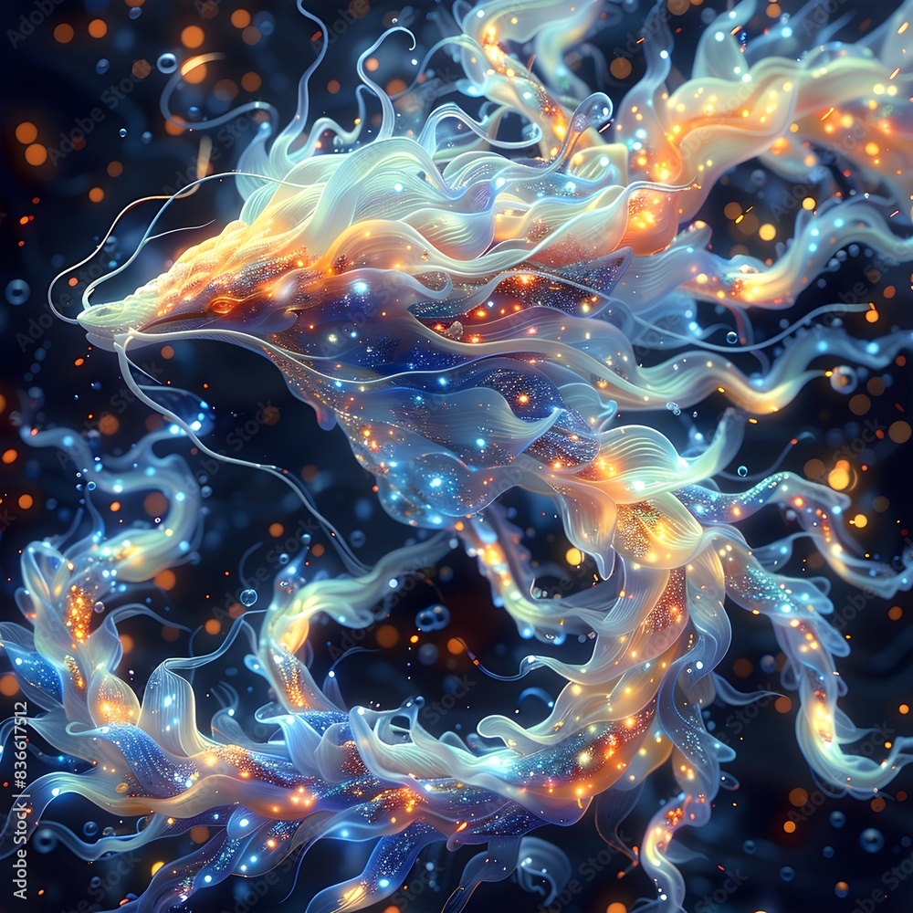Mesmerizing Mythical Sea Creature with Iridescent Scales and Bioluminescent Tentacles in Fluid,Graceful Movement Mesmerizing Mythical Sea Creature with Iridescent Scales and Bioluminescent Tentacles in Fluid,Graceful Movement