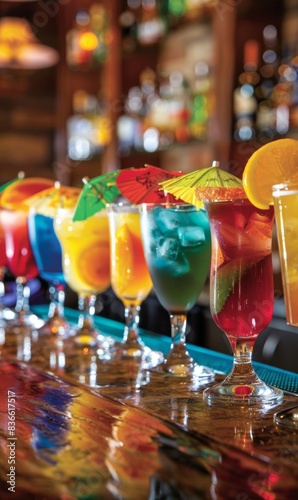 Groups of colorful cocktails line the bar counter.
