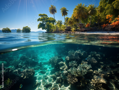 A Beautiful Coral Reef Just Below The Water  With Colorful Fish Swimming Around