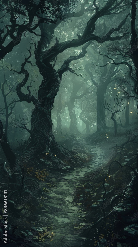 Obraz premium A haunted forest illustration showing a narrow, winding path leading deeper into the woods. The trees are tall and menacing, with twisted branches that form a canopy overhead. Faint, ghostly lights