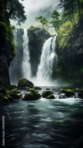 The powerful rush of a high waterfall plunging into a mist-covered pool below  with the lush greenery of the surrounding forest enhanced by the soft  diffused light of an overcast day.