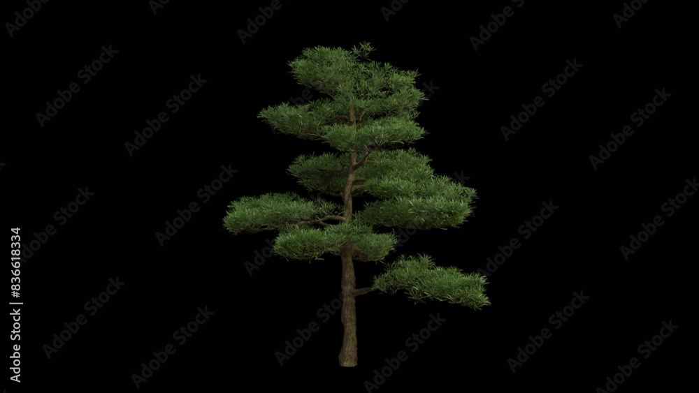Buddhist Pine Tree blowing in the wind. Wind blows the Yew plum pine  Tree. Animated Podocarpus macrophyllus Tree swaying in the wind with Transparent Background. Alpha Channel. Loop Animation