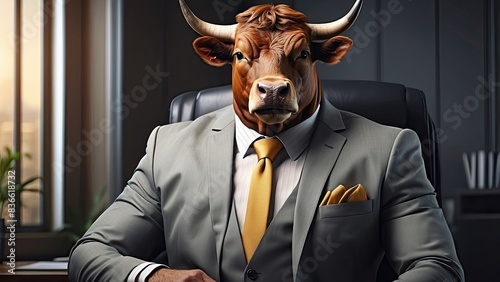 portrait of a bull businessman in a stylish classic suit in the office, animal boss in human body, entrepreneur anthropomorphic illustration © UZAIR