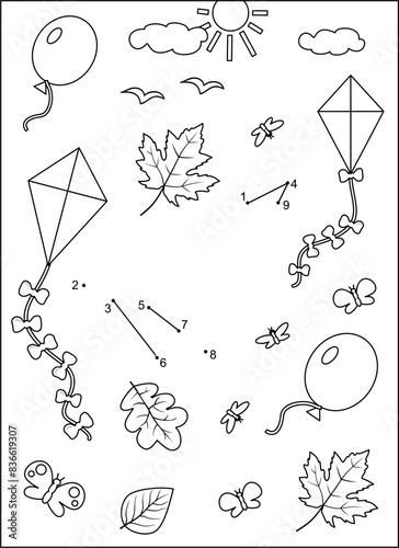 Flying in the sky. Dot-to-dot picture puzzle and coloring page with paper plane, kites, leaves, balloons, butterflies.
