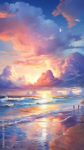 A peaceful coastal scene where the setting sun dips below the horizon, illuminating the clouds and the sea in shades of pink, orange, and purple, with gentle waves lapping at the shore.