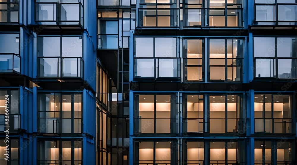 Urban Aesthetics. Glass and Metal Facade with Blue Font