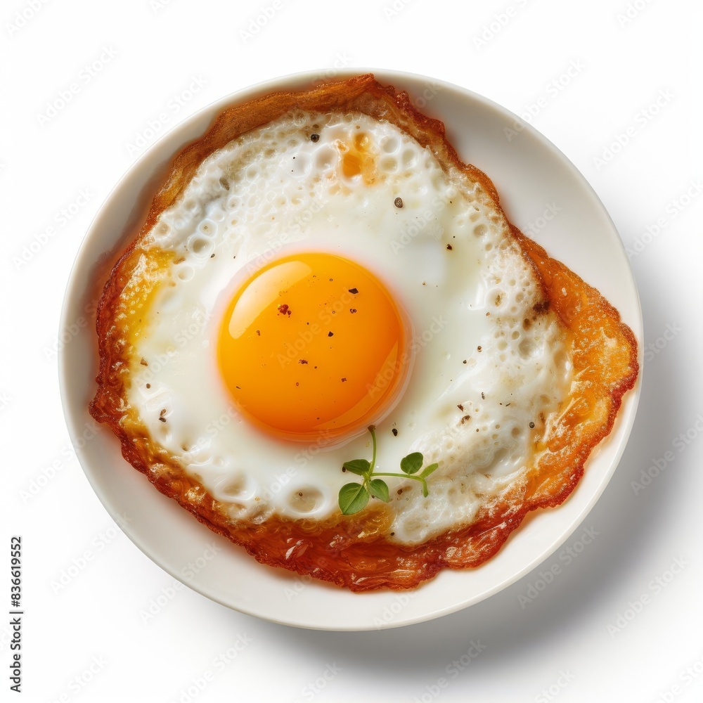 Perfectly fried sunny side up egg on the white plate, white background, crispy edges, high detail, isolated. Perfectly fried sunny side up egg on the white plate, white background, crispy edges, high detail, isolated.